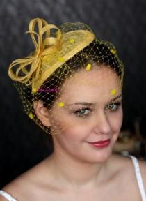 wedding photo - Yellow FASCINATOR with veill, dots birdcage veil, fabulous wedding head piece, hairdress,