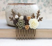 wedding photo - Bridal Hair Comb Woodland Wedding Pearl Rustic Nature Inspired Branch Autumn Fall Pine cones Leaves Ivory Cream Roses Khaki Green Brown Rose