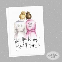 wedding photo - Maid of Honor PDF Download Blonde Bride, Brunette Will you be my Maid of Honor PDF printable card