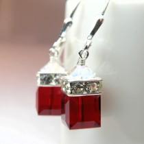 wedding photo - Garnet Red Crystal Earrings, Swarovski Cube Drop Earrings, Red Dangle Bridesmaid, Wedding Jewelry, January Birthday, Christmas Birthstone