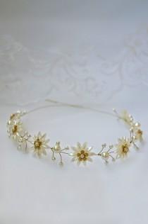 wedding photo - daisy pearl flower crown, pearl hair piece, wedding headpiece, daisy chain vine, gold bridal tiara, tiara headband, bridal headpiece, daisy
