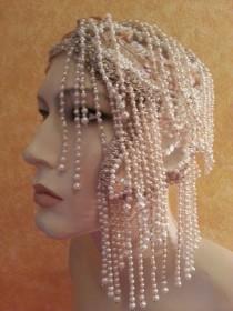 wedding photo - Vintage Glam Gatsby Flapper Downton Abbey 20's Style Waterfall Pearl & Sequin Iridescent Silver Headband Headpiece Wedding Bridal Costume