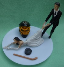 wedding photo - Wedding Cake Topper Boston Bruins G Hockey Themed w/ Bridal Garter Humorous Bride Groom Dragging Pulling Reception Centerpiece Gift Idea Fun