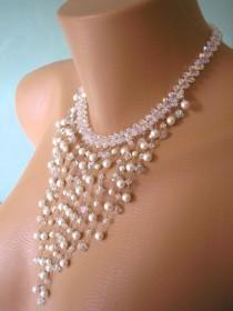 wedding photo - Vintage Pearl and Crystal Bridal Waterfall Necklace