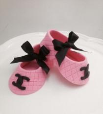 wedding photo - pink/black ribbon Fondant shoes cake toppers