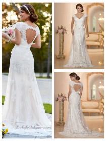wedding photo -  Lace Over Illusion Cap Sleeves V-neck Wedding Dresses with Keyhole Back
