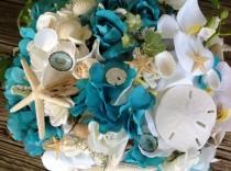 wedding photo - Deluxe Driftwood and Seashell Turquoise and White Hydrangea and Orchid Beach Bridal Bouquet with Starfish