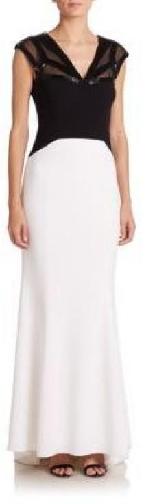 wedding photo - Laundry by Shelli Segal PLATINUM Sequined Mesh-Detail Colorblock Gown