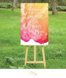 wedding photo - The LAUREN . Welcome Sign Calligraphy & Watercolor Wedding . Gold Magenta Orange Yellow . Sunset Beach Outside Custom . Party Birthday PDF