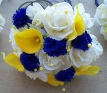 wedding photo - Real Touch Roses and Calla Lilies Silk Flower wedding Package Yellow and Royal Blue Flowers 6 Pieces Made to Order