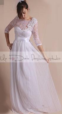 wedding photo - Unique Plus Size Wedding chantilly lace top dress/ 3/4 Sleeves/ with Sequins Flower Beaded Applique