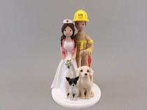 wedding photo - Firefighter & Nurse with 2 Dogs Customized Wedding Cake Topper