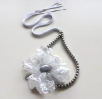wedding photo - Gray Pearl Bead Strand Bridal Headband, Fluffy Lace Tulle Flower, Silver, Handmade