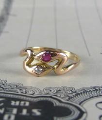 wedding photo - VICTORIAN ruby and mine cut diamond rose gold double snake ring, antique diamond engagment ring, alternative engagement ring, promise ring.