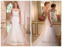 wedding photo -  Fit and Flare Illusion Lace Bateau Neckline Wedding Dresses with Open V-back