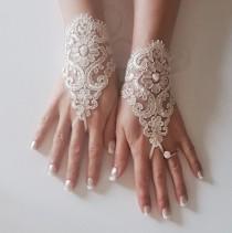 wedding photo - Champagne Bridal glove lace wrist cuff lace gloves wedding prom party rustic  wedding wonderland