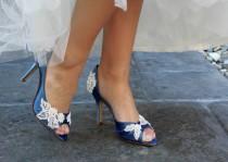 wedding photo - Wedding shoes peep toe low heel and high heel bridal shoes embellished with floral ivory French lace, crystal sequins, beads, and pearls