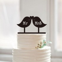 wedding photo - Love birds cake topper with mr and mrs,custom mr mrs cake topper ,wedding cake topper,modern cake topper for wedding,rustic cake topper42605