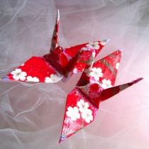 wedding photo - Peace Crane Bird, Wedding Cake Topper, Party Favor Origami Christmas Ornament  Paper 1st Anniversary Cherry Blossom Sakura Red Decoration