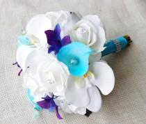 wedding photo -  Silk Wedding Bouquet with Off White Roses, Blue Purple Orchids and Aruba Turquoise Callas - Natural Touch Silk Flower Small Bouquet