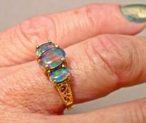 wedding photo - Opal Engagement Ring. Triple Opal filigree ring. Natural Australian Opal ring. Offered in Sterling Silver or 10K Solid Yellow Gold