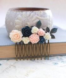 wedding photo - Flower Hair Comb Navy Blue Rose Floral Collage Wedding Hair Accessories Womens gift Branch Patina Leaves Peach Rose Dahlia Chrysanthemum