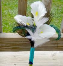 wedding photo - Simple calla lily bridesmaid bouquet with white and peacock feather accent