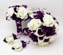 wedding photo - Wedding Package Real Touch Picasso Callas Roses Purple Hydrangea Real Touch Rose Bridal Bouquet Grooms Boutonniere Bridesmaid Bouquet