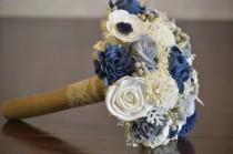wedding photo - Navy Blue and Silver Wedding Collection Medium Bridal/Bridesmaid Bouquet Sola Flowers Dusty Miller Silver Brunia Anemone