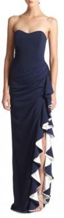 badgley mischka strapless contrast ruffle gown