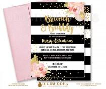 wedding photo - BRUNCH & BUBBLY INVITATION Bridal Shower Invite Pink Peonies Black Stripes Gold Glitter Confetti Printable Rose Free Shipping or DiY- Krissy