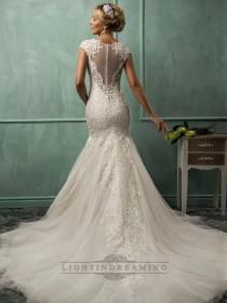 wedding photo -  Fit and Flare Cap Sleeves V-neck Lace Wedding Dresses with Illusion Back