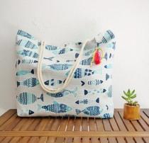 wedding photo - Cotton canvas tote bag / fish print / welcome gift bag beach wedding / nautical style