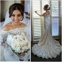 wedding photo -  2016 Luxury Mermaid Trumpet Full Lace Satin Wedding Dresses Long Sleeves Covered Button Chapel Train Fall Bridal Gowns