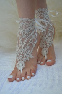 wedding photo - Barefoot Sandals, ivory beach shoes, bridal sandals,  wedding bridal, silver frame lace sandals, wedding shoes, summer wear, lace sandals