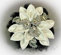 wedding photo - 12" 'Diamonds in the sky Deluxe Edition' Bridal Brooch Bouquet - Calla Lilies, Feathers & Bling + FREE Boutonniere - Fairytale Bouquet