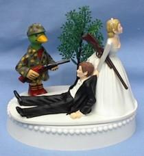 wedding photo - Wedding Cake Topper Duck Hunter Hunting Rifle Themed w/ Bridal Garter Water Fowl Bird Wildlife Bride Groom Reception Item Centerpiece Funny