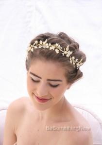 wedding photo - Wedding Hair Vine in Gold and Ivory, Beaded Wedding Tiara with Meal Enameled leaves, Wedding Hair Jewelery