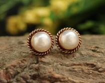 wedding photo - Bridal gold pearl earrings -18K Gold Pearl Stud Earrings - Gold earrings - 8mm pearl studs - Small studs - Gift for her