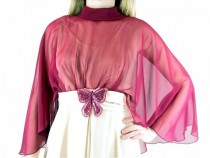 wedding photo - Vintage 1970's Prom Party Dress, Beige Samba Formal with Burgundy Capelet, Modern Size 8, Small
