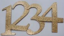 wedding photo - 4" Wedding Table Numbers - GLiTTER Top Coat CHiPBOARD - Elegant Font - Color Choice: SAND GOLD Shown