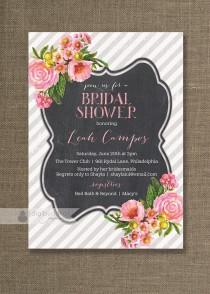 wedding photo - Pink Floral Bridal Shower Invitation Pink Roses Chalkboard Gray & White Striped Pastel Chalk FREE PRIORITY SHIPPING or DiY Printable - Leah