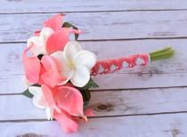 wedding photo - Silk Flower Wedding Bouquet - Coral Peach Calla Lilies Off White Plumeria Natural Touch Silk Bridal Bouquet