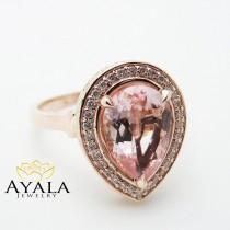 wedding photo - 14K Rose Gold Morganite Ring Pear Cut Engagement Ring Unique Halo Engagement Ring