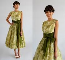 wedding photo - Vintage 1950s Bridesmaid Dress/Jr. Theme Green Floral Chiffon Party Dress Mother of the Bride