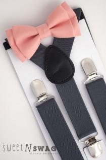 wedding photo - SUSPENDER & BOWTIE SET.  Newborn - Adult sizes. Dark Grey / Gray Suspenders. Coral / Peach Bowtie.