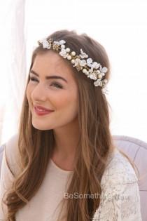 wedding photo - Ivory Flower Crown of Delicate Flowers and Gold Accents, Boho Wedding Headpiece, Garden Wedding Hair Wreath Floral Bridal Hair Wreath