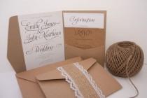 wedding photo - Kraft elegant swirl & burlap lace pocket fold wedding invitation pack