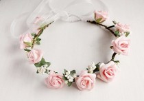 wedding photo - Pink Rose Crown, Girls Crown, Boho Bridal Halo, Flower Girl Wreath, Woodland Crown, Rose Wedding Crown, Festival Crown, Flower Girl Crown