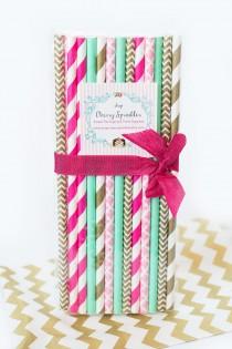 wedding photo - HOT PINK paper straws *Pink and Mint *Mint Straws *GOLD Straws -Wedding, Birthday, Baby Shower *Dark Pink and Mint *Vintage inspired straws